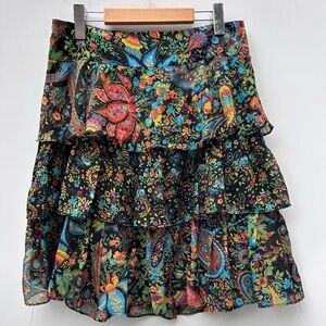 Chelsea & Theodore Black Floral Ruffled Tiered A-Line Skirt 8 Lightweight Flowy